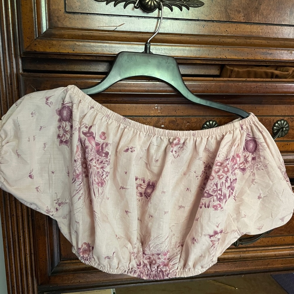 pink off the shoulder crop top with strawberry and mushroom design